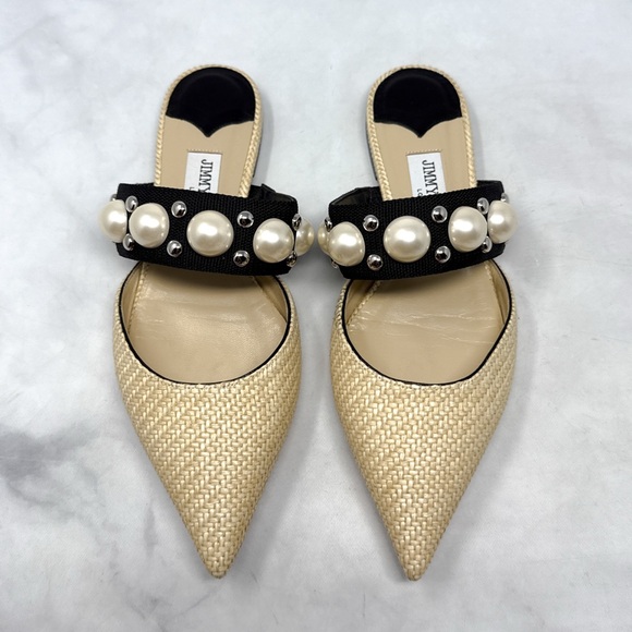Jimmy Choo Basette Pearl Embellished Raffia Pointed Toe Slide Mule Flat Shoes 38 - Picture 6 of 16